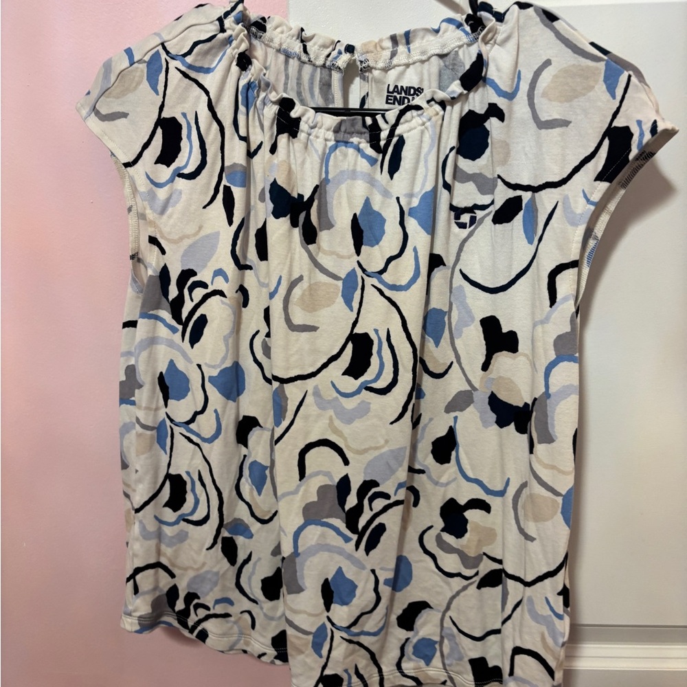 Lands' End Women's Floral Blouse - Blue, Black, and Cream